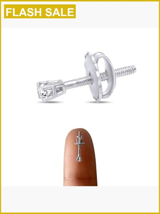 Diamond Prong Flat Back Earring | Simple & Dainty Natural Diamond Mini Stud Screw Back Earrings 14K Solid Gold Cartilage Earring